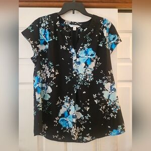 Croft & Barrow Black Blouse with Blue Floral Design L